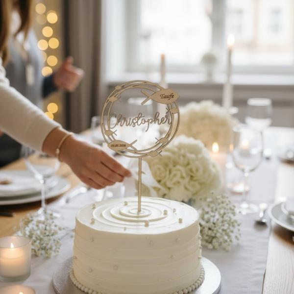 Runder Caketopper aus Birkenholz mit personalisiertem Namen, Anlass und Datum